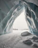 A stunning ice cave illuminated by natural light with soft snow on the ground and trees visible in the distance during winter. photo