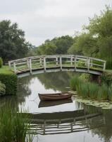 A serene pond featuring a wooden bridge and a boat with plenty of copy space image. photo