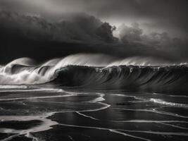 Majestic Ocean Waves Captured in Dark and Stormy Atmosphere Featuring Turbulent Water Dynamics and Mystical Light Reflections on the Surface. photo