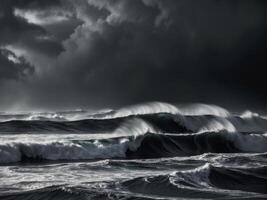 Majestic Ocean Waves Captured in Dark and Stormy Atmosphere Featuring Turbulent Water Dynamics and Mystical Light Reflections on the Surface. photo