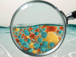 Discovering the microscopic world beneath the waves with a magnifying glass revealing colorful fungal spores in seawater. photo