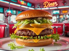 Retro fast food burger delight vibrant diner setting mouthwatering visual inviting atmosphere flavorful experience. photo