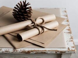 Packing Kraft Paper On Table And Rolled Up With Hemp Rope Tie With Pine Big Cone On Wooden Table With Free Space To Insert Text. photo