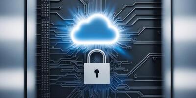 glowing cloud storage with padlock symbol on network data circuit board technology background. photo