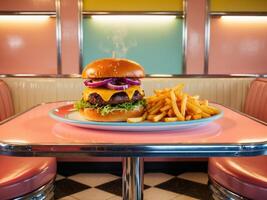 Vibrant retro fast food experience diner setting mouthwatering burger and fries casual atmosphere inviting viewpoint. photo