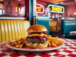 Vibrant retro fast food experience delicious burger and fries in a classic diner setting. photo