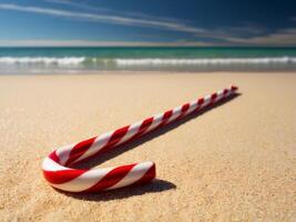 A festive candy cane stands out on sunlit beach sand with gentle waves and a bright blue sky in the background. photo