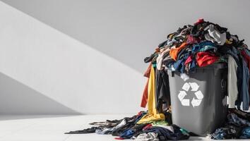 Overflowing recycling bin full of clothes promoting textile reuse and circular economy. photo