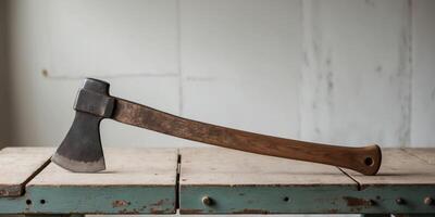 Axe resting on a rustic wooden surface in a workshop setting. photo