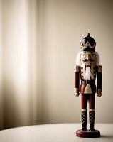 A nutcracker is standing in front of a blurry background. photo