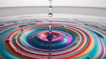 Vibrant water droplets creating ripples in colorful liquid surface. photo