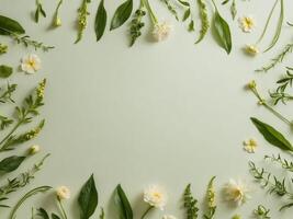 Natural Skincare Ingredients on Green Background with Flowers and Leaves. photo