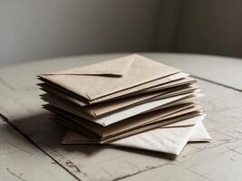 A stack of brown paper envelopes rests on a wooden table. photo