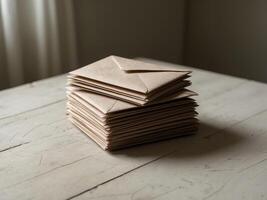 A stack of brown paper envelopes rests on a wooden table. photo