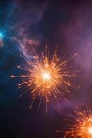 Glowing abstract digital landscape with sparkling orange and blue lights. photo