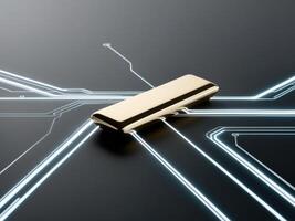 Gold bar with a digital lines background on black. photo