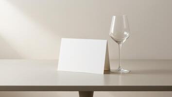 A table with a white card and a wine glass. photo