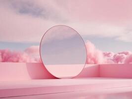 Pink abstract stage with fluffy clouds and large reflective circle. photo