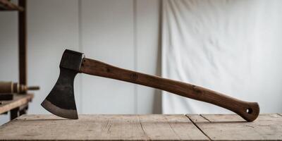 Axe resting on a rustic wooden surface in a workshop setting. photo