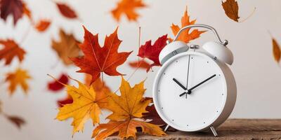 An alarm clock surrounded by colorful autumn leaves showcasing the arrival of fall. photo