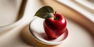 A close up of an apple with a leaf on it. photo