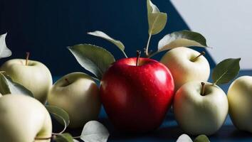 A red apple sits surrounded by white apples and green leaves on a dark blue background. photo