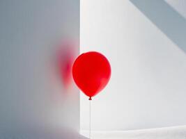 a bright red balloon with a string on a white backdrop. photo