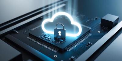 glowing cloud storage with padlock symbol on network data circuit board technology background. photo