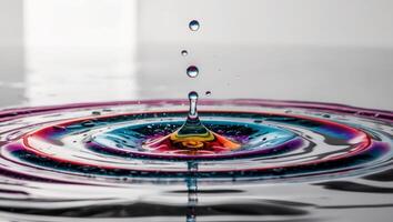 Vibrant water droplets creating ripples in colorful liquid surface. photo