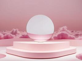 Pink abstract stage with fluffy clouds and large reflective circle. photo
