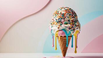 vibrant dripping ice cream cone covered with sprinkles in a colorful pastel background. photo