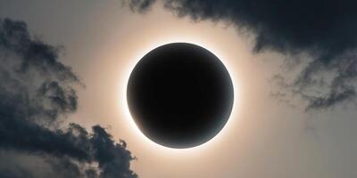 beautiful solar eclipse creating radiant halo effect amidst dark clouds. photo