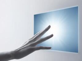 digital hand reaches out to interact with glowing screen technology background. photo