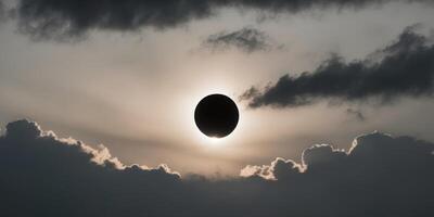 beautiful solar eclipse creating radiant halo effect amidst dark clouds. photo
