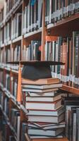 Library shelves with books, graduation cap atop stack suggesting academic success reflection Vertical Mobile Wallpaper photo