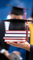 Graduation cap rests in hand, with colorful books in the background Vertical Mobile Wallpaper photo