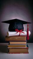 Graduation symbols of cap, diploma, and old books on a muted gradient backdrop Vertical Mobile Wallpaper photo