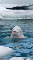 Beluga whale surfaces from deep blue water, surrounded by icy hints Vertical Mobile Wallpaper photo