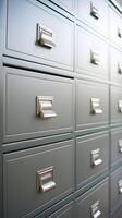 Metallic drawers with silver handles, sunlight filtering through soft blurred background Vertical Mobile Wallpaper photo