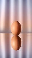 A single egg stands upright, reflected on a surface against pastel hues Vertical Mobile Wallpaper photo