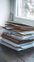 Papers and envelopes piled haphazardly on wooden surface, serene light glowing Vertical Mobile Wallpaper photo