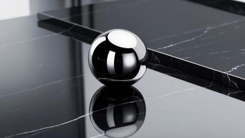 Reflective Sphere on a Black Marble Surface. photo