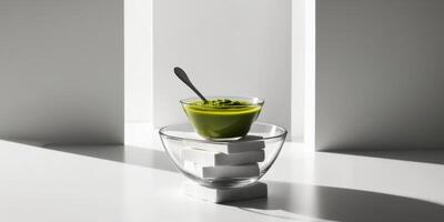 Green sauce in glass bowl atop stack of square blocks of cheese black background vertical format. photo
