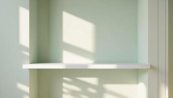 there is a white shelf near a light green wall there's nothing on the shelf. photo