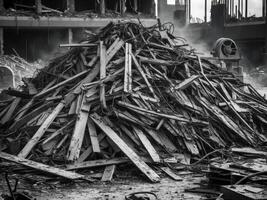 a large pile of scrap wood from a demolished building during the demolition process. photo