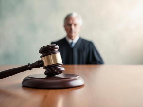 Close Up of Gavel on Wooden Table With Judge in the Background. photo