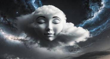 Cosmic energy swirls around a serene face formed by clouds. photo
