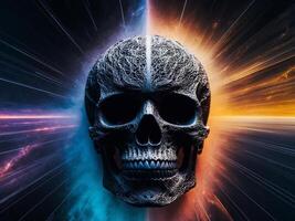 dark skull fades into cosmic colorful background copy space. photo