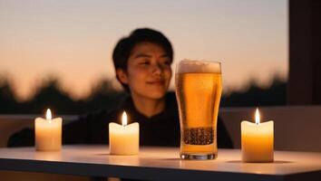 Enjoying a chilled glass of beer beside glowing candles at dusk. photo