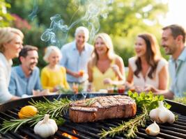 Deliciously grilled steak with spices and herbs over an open flame in a backyard during a summer barbecue gathering. photo